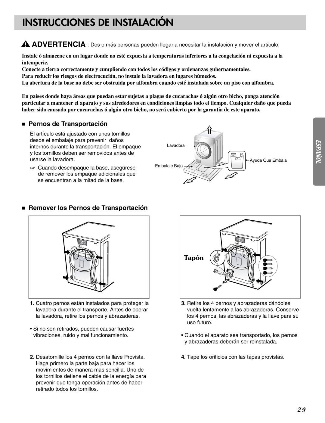 LG Electronics MFL31245109 manual Instrucciones DE Instalación, Remover los Pernos de Transportación, Tapón 