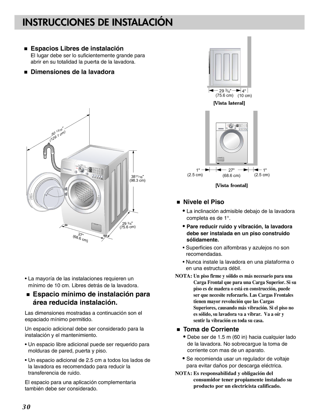 LG Electronics MFL31245109 Espacios Libres de instalación, Dimensiones de la lavadora, Nivele el Piso, Toma de Corriente 