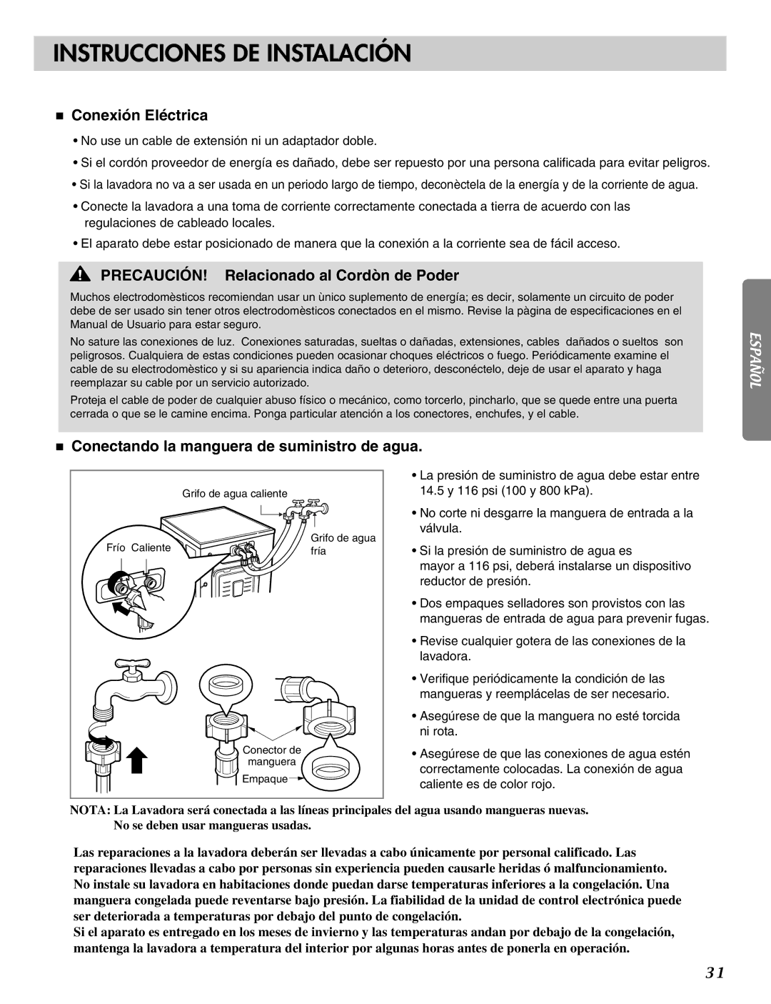 LG Electronics MFL31245109 manual Conexión Eléctrica, PRECAUCIÓN! Relacionado al Cordòn de Poder 