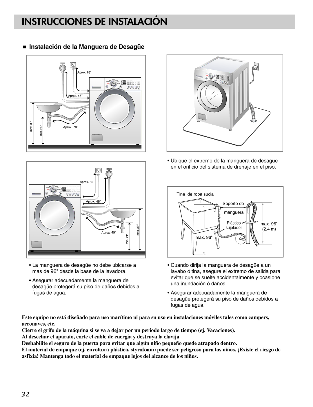 LG Electronics MFL31245109 manual Instalación de la Manguera de Desagüe 