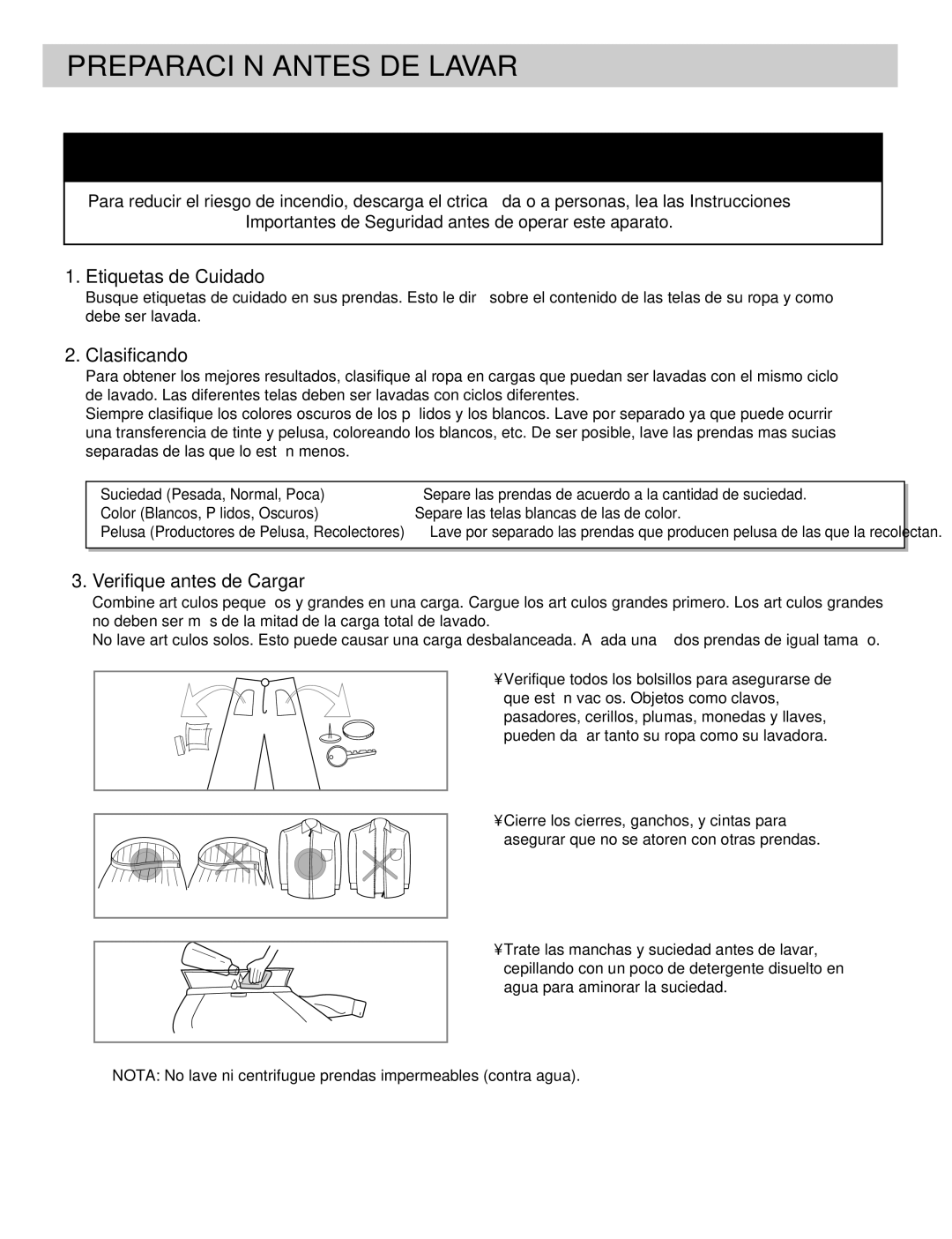 LG Electronics MFL31245109 manual Preparación Antes DE Lavar, Etiquetas de Cuidado, Clasificando, Verifique antes de Cargar 