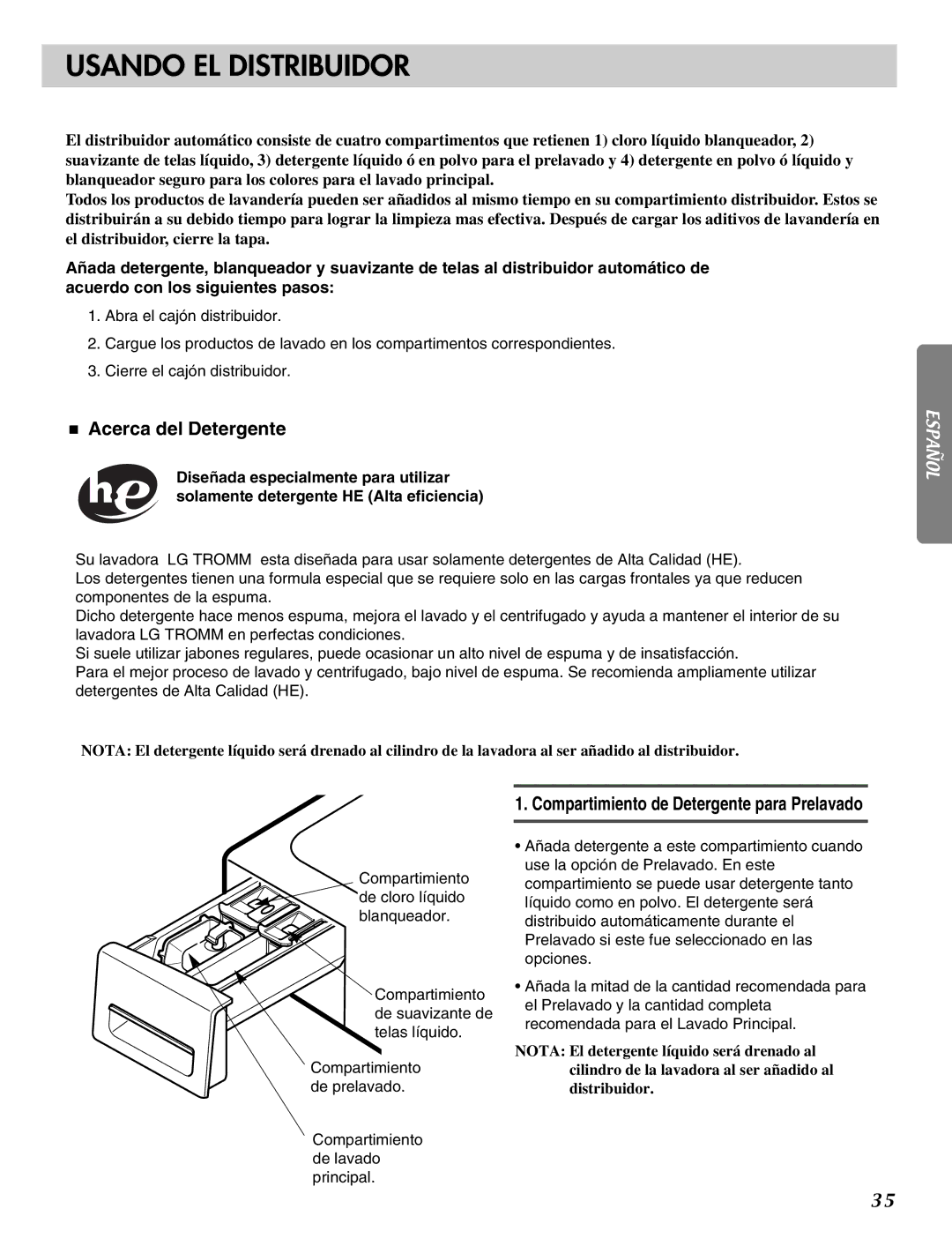 LG Electronics MFL31245109 Usando EL Distribuidor, Acerca del Detergente, Compartimiento de Detergente para Prelavado 