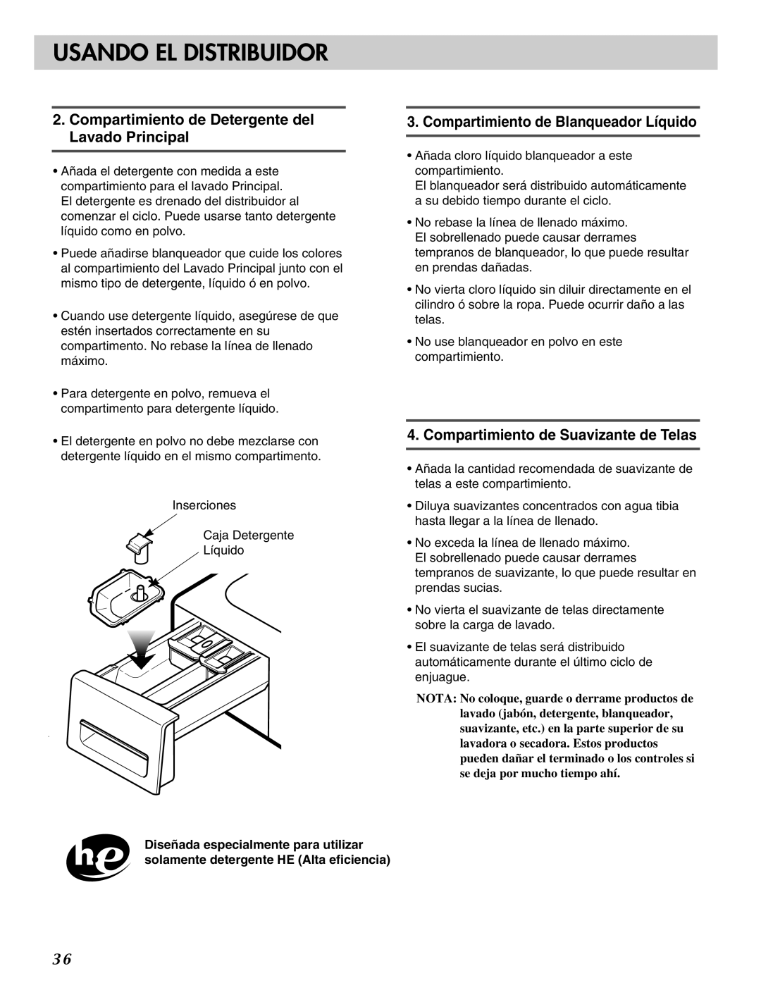 LG Electronics MFL31245109 manual Compartimiento de Detergente del Lavado Principal, Compartimiento de Blanqueador Líquido 