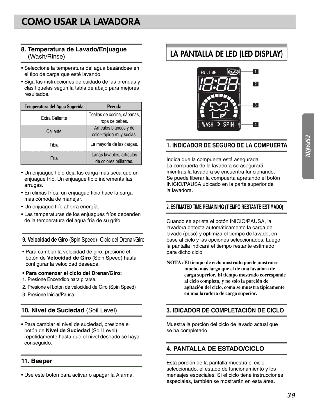 LG Electronics MFL31245109 manual Temperatura de Lavado/Enjuague Wash/Rinse, Nivel de Suciedad Soil Level 