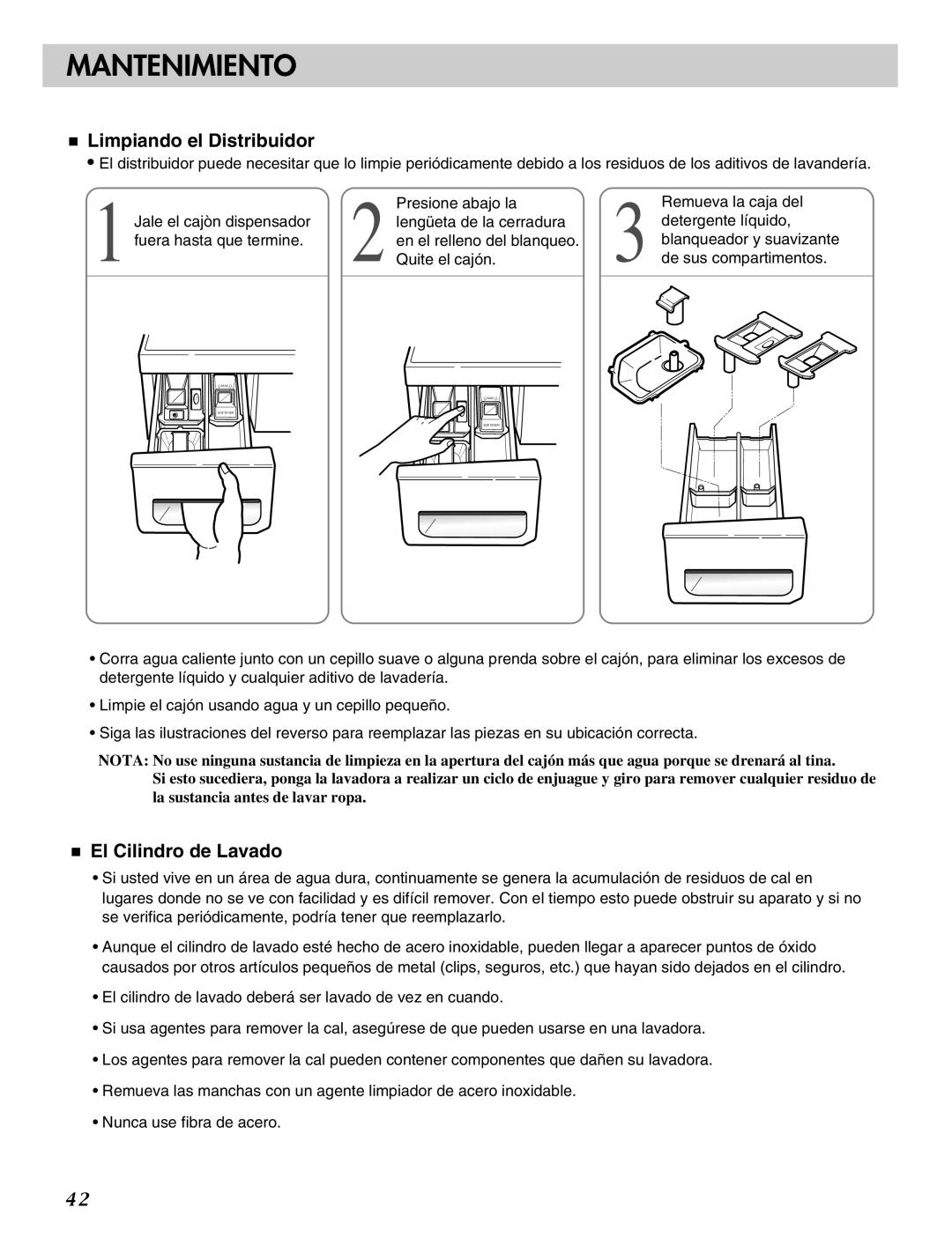 LG Electronics MFL31245109 manual Limpiando el Distribuidor, El Cilindro de Lavado 