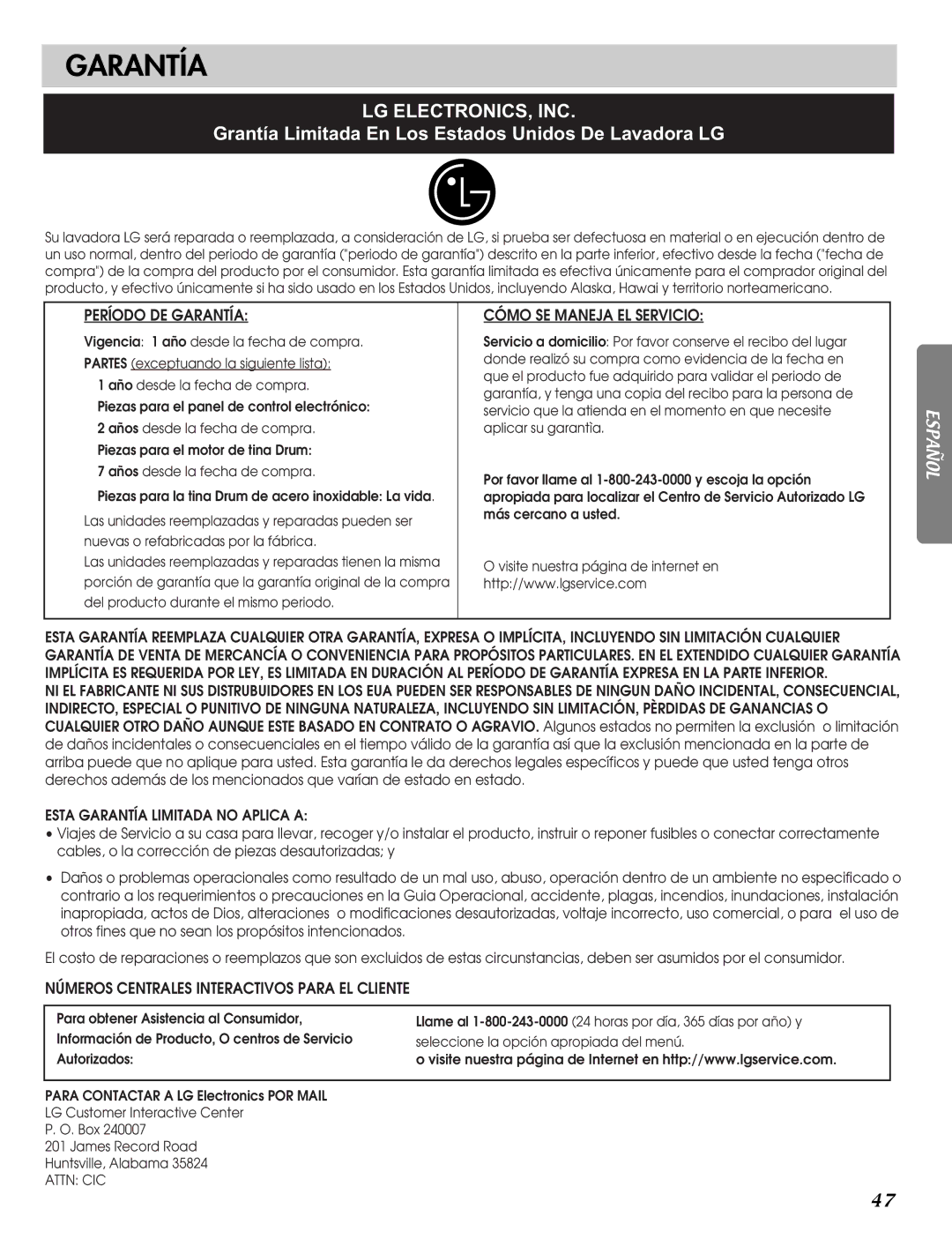 LG Electronics MFL31245109 manual Garantía, Lg Electronics, Inc 