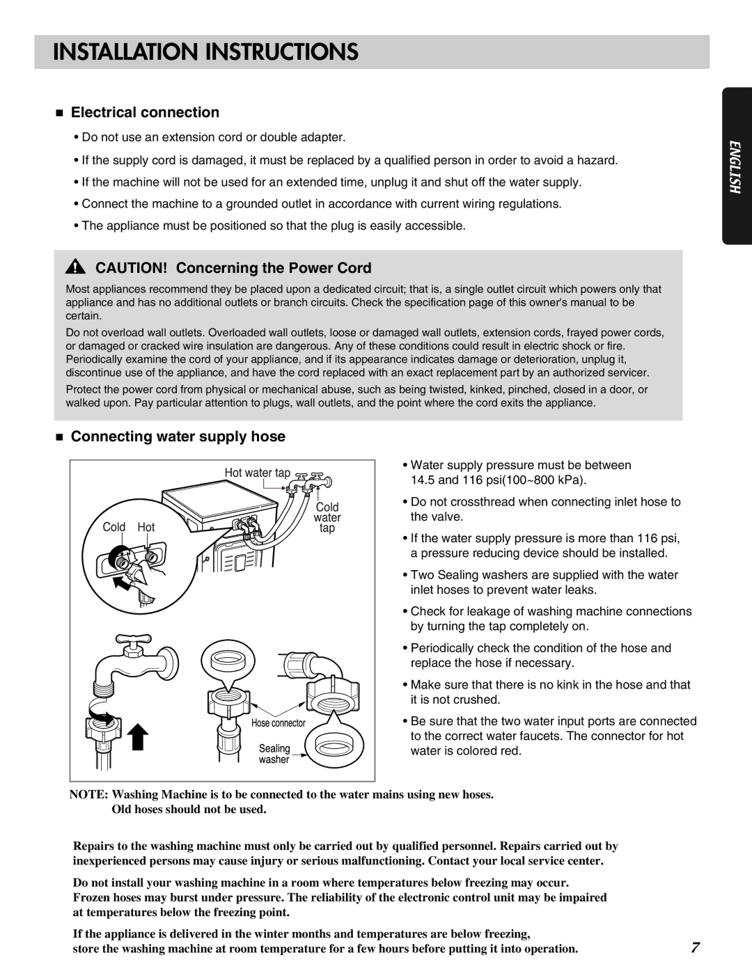 LG Electronics MFL31245109 manual Electrical connection, Connecting water supply hose 