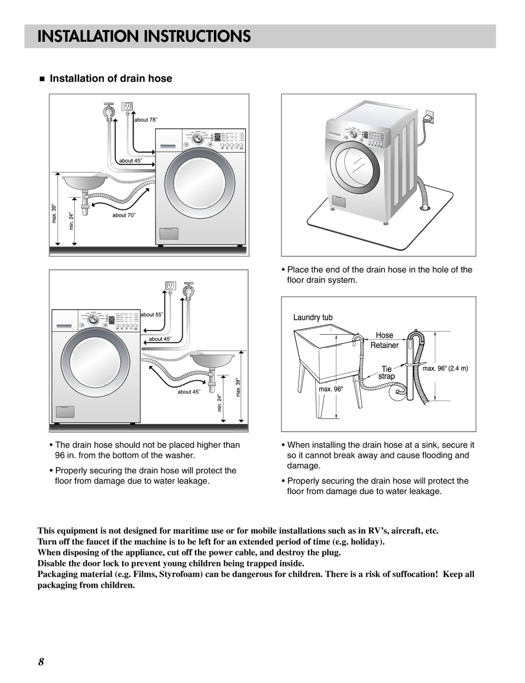 LG Electronics MFL31245109 manual Installation of drain hose 