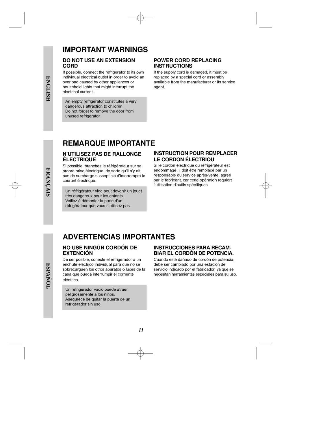 LG Electronics MFL38422645 owner manual Important Warnings, Remarque Importante, Advertencias Importantes 