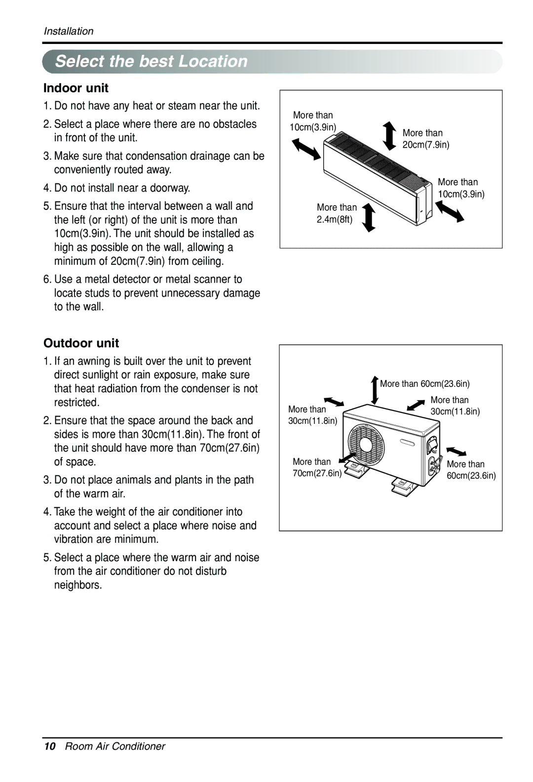 LG Electronics MFL39817303 installation manual Select the best Location, Indoor unit, Outdoor unit 