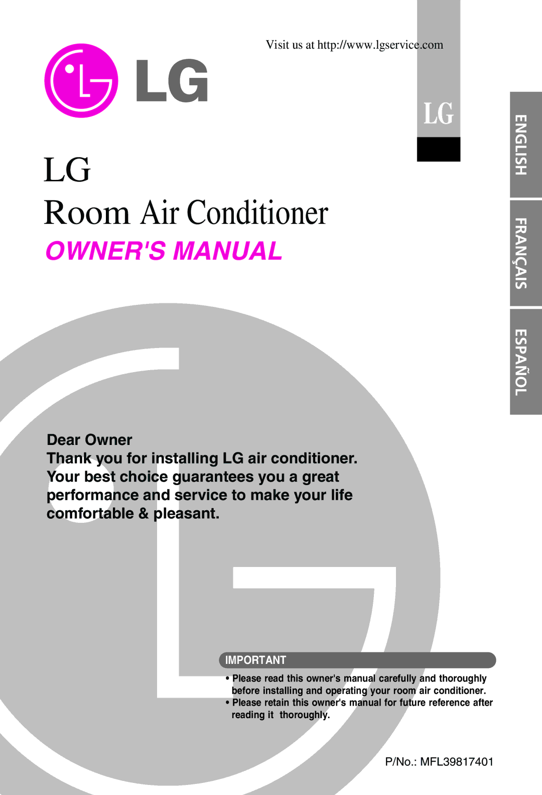 LG Electronics MFL39817401 owner manual Room Air Conditioner 