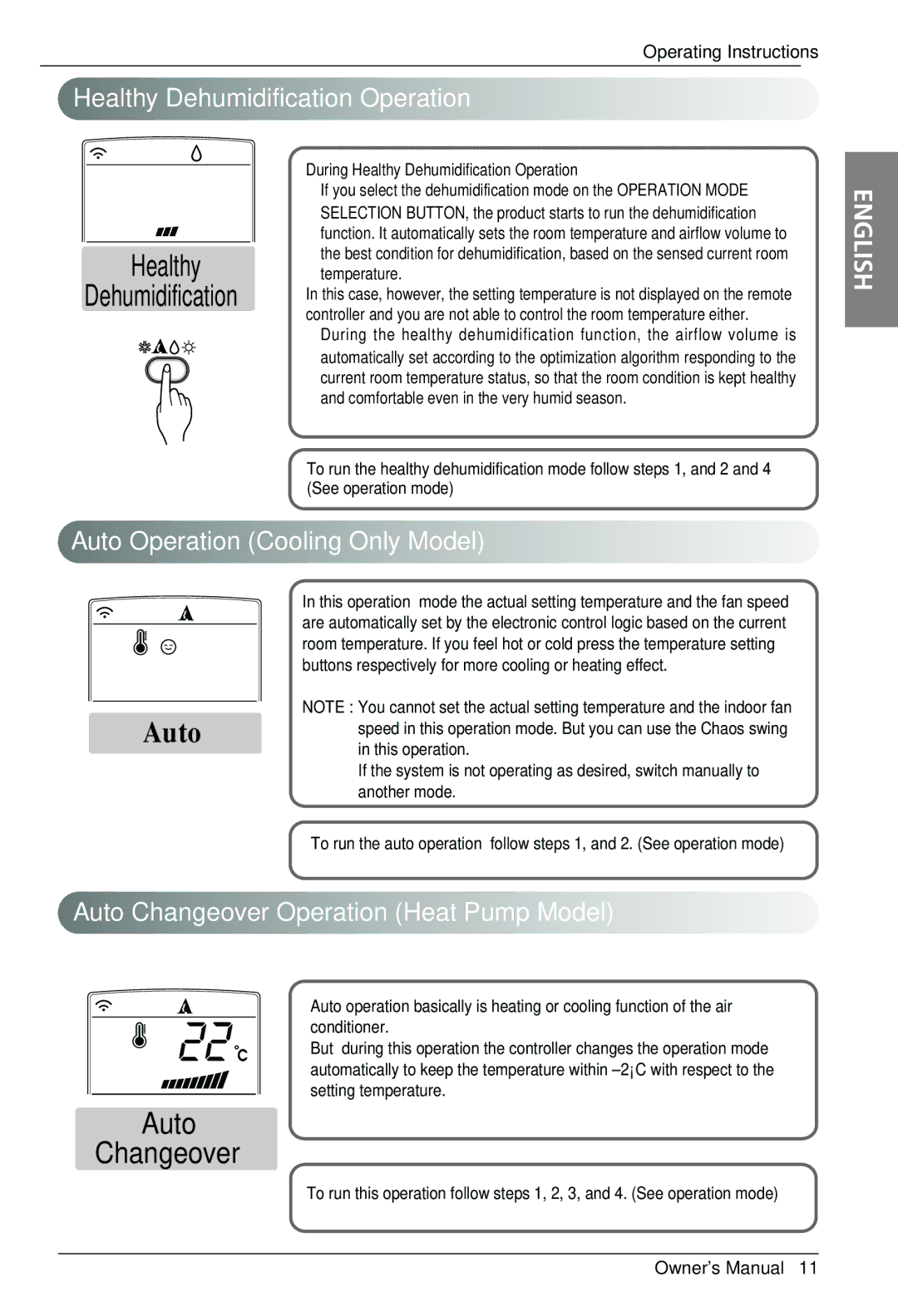 LG Electronics MFL39817401 owner manual Healthy Dehumidification Operation, Auto Operation Cooling Only Model, Temperature 