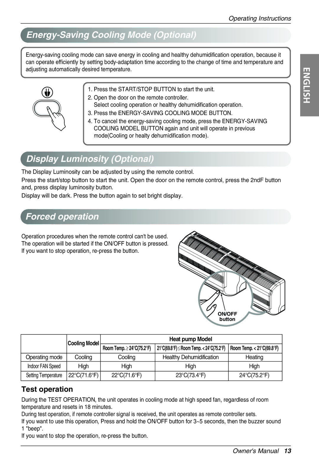 LG Electronics MFL39817401 owner manual Energy-Saving Cooling Mode Optional, Display Luminosity Optional, Forced operation 