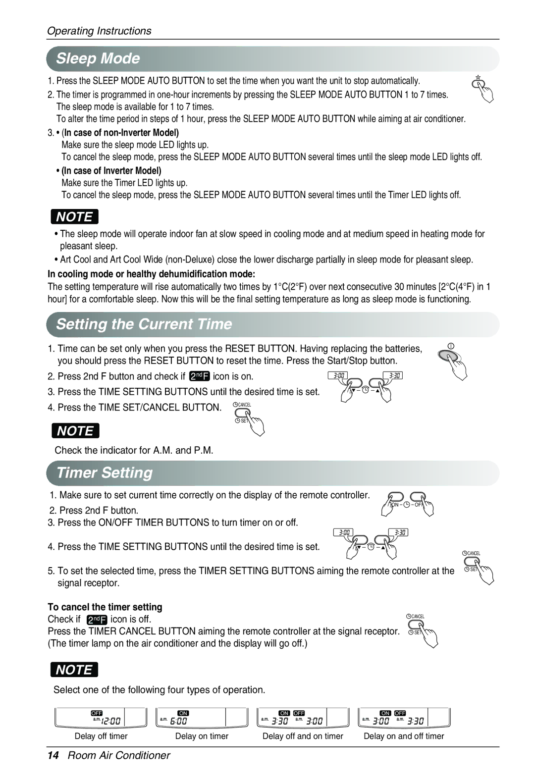 LG Electronics MFL39817401 owner manual Sleep Mode, Setting the Current Time, Timer Setting 