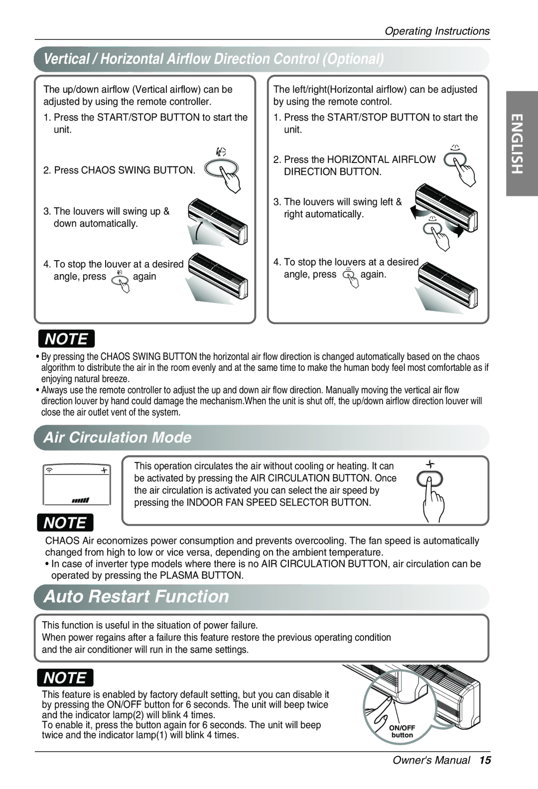 LG Electronics MFL39817401 Vertical / Horizontal Airflow Direction Control Optional, Air Circulation Mode, Again 