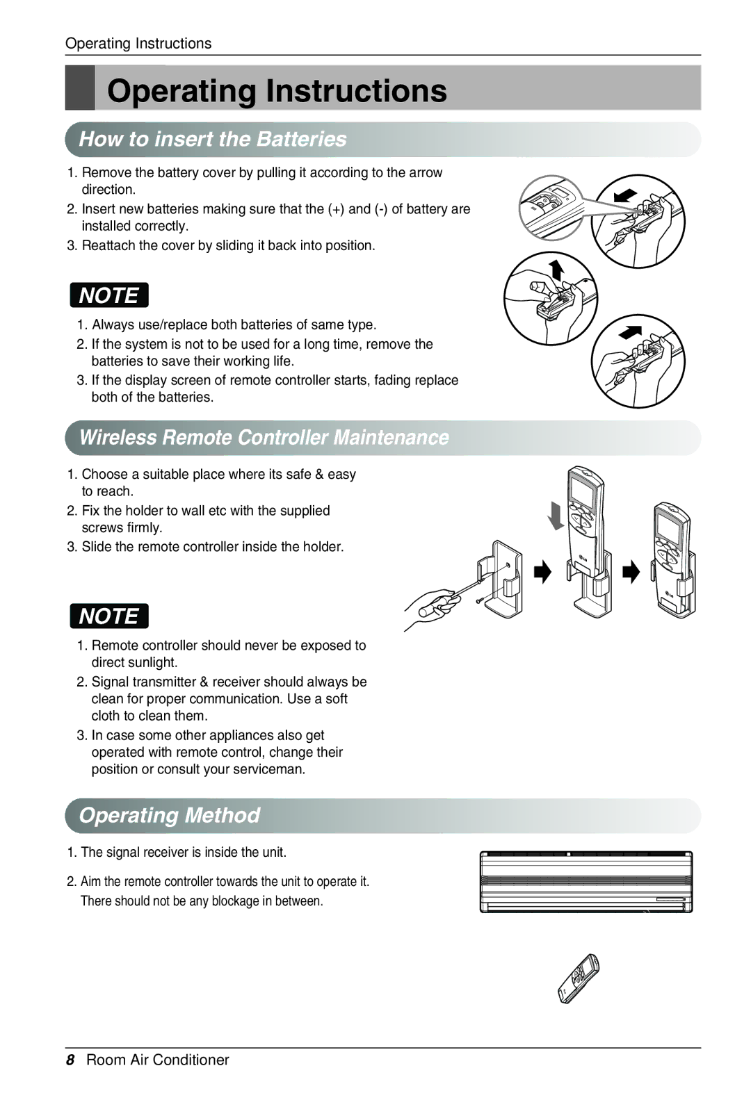 LG Electronics MFL39817401 Operating Instructions, How to insert the Batteries, Wireless Remote Controller Maintenance 