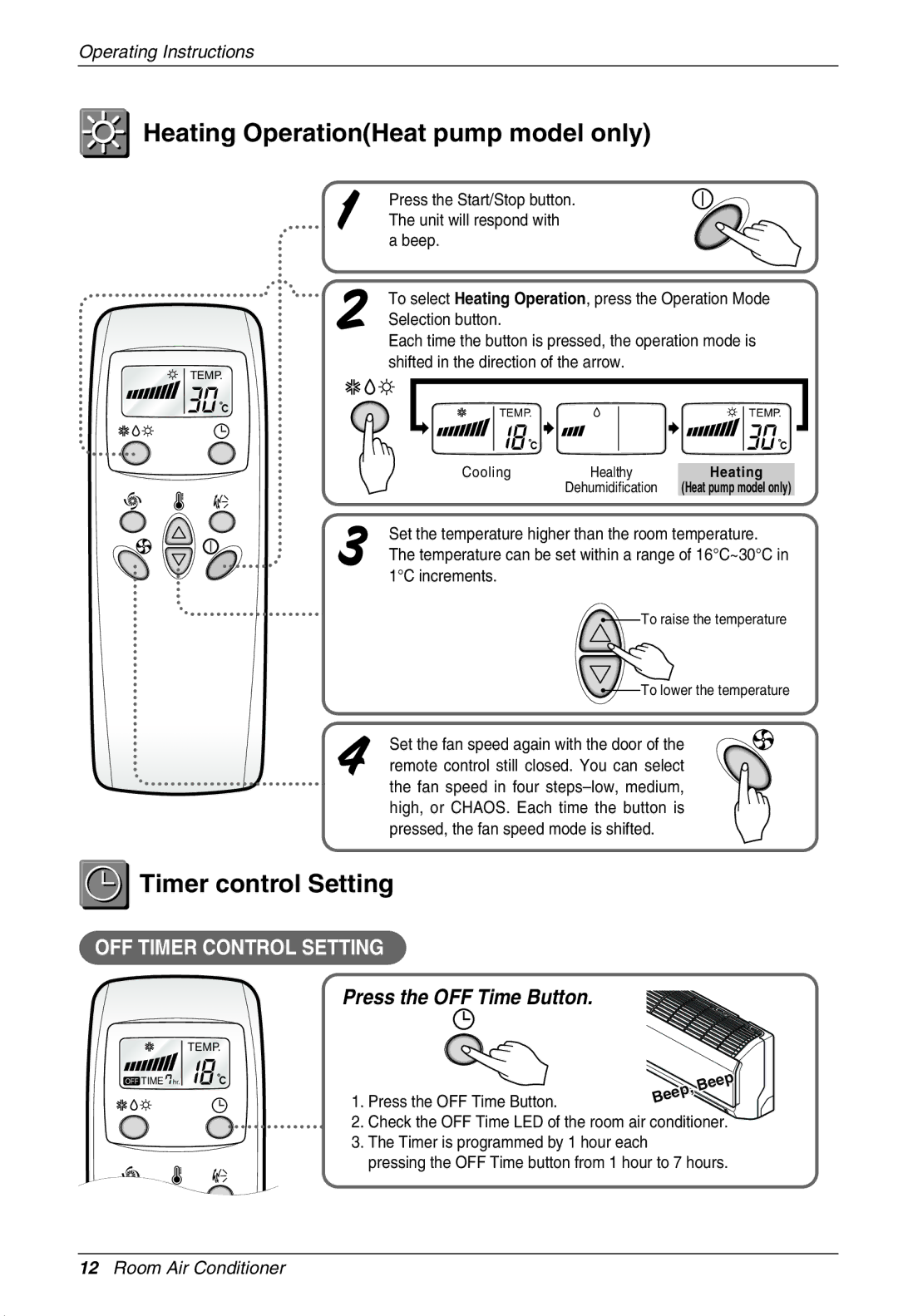 LG Electronics MFL41604505 owner manual Heating OperationHeat pump model only, Timer control Setting 