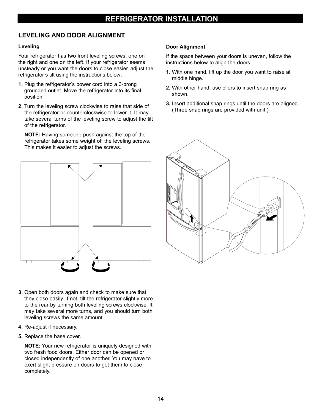 LG Electronics MFL47277003, LFX23961SB owner manual Leveling and Door Alignment 