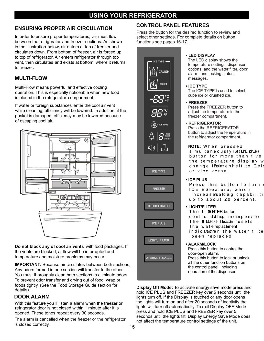 LG Electronics LFX23961SB, MFL47277003 Using Your Refrigerator, Ensuring Proper AIR Circulation, Multi-Flow, Door Alarm 