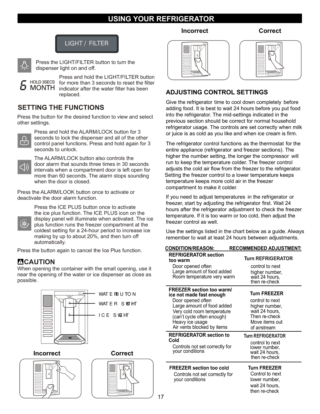 LG Electronics LFX23961SB, MFL47277003 owner manual IncorrectCorrect, Adjusting Control Settings, Turn Refrigerator 