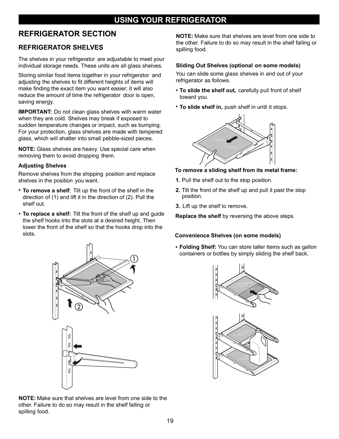 LG Electronics LFX23961SB owner manual Refrigerator Shelves, Adjusting Shelves, Sliding Out Shelves optional on some models 