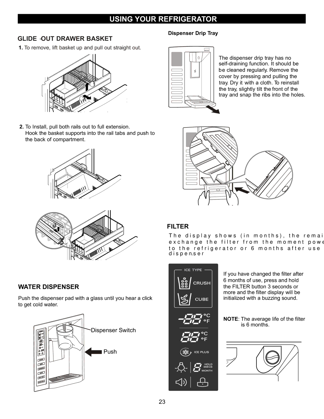 LG Electronics LFX23961SB, MFL47277003 owner manual Glide OUT Drawer Basket, Water Dispenser, Filter, Dispenser Drip Tray 