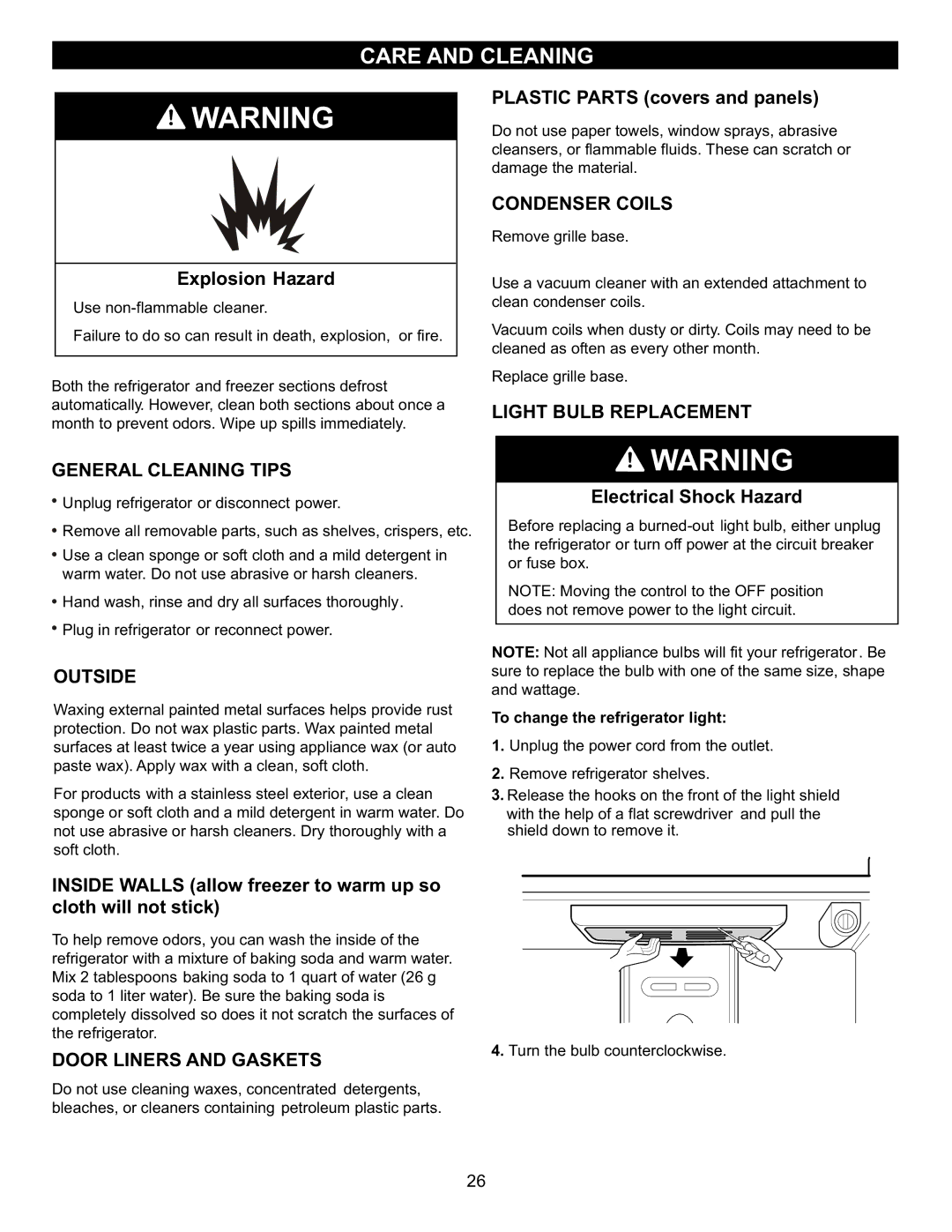 LG Electronics MFL47277003 Care and Cleaning, Condenser Coils, Light Bulb Replacement General Cleaning Tips, Outside 