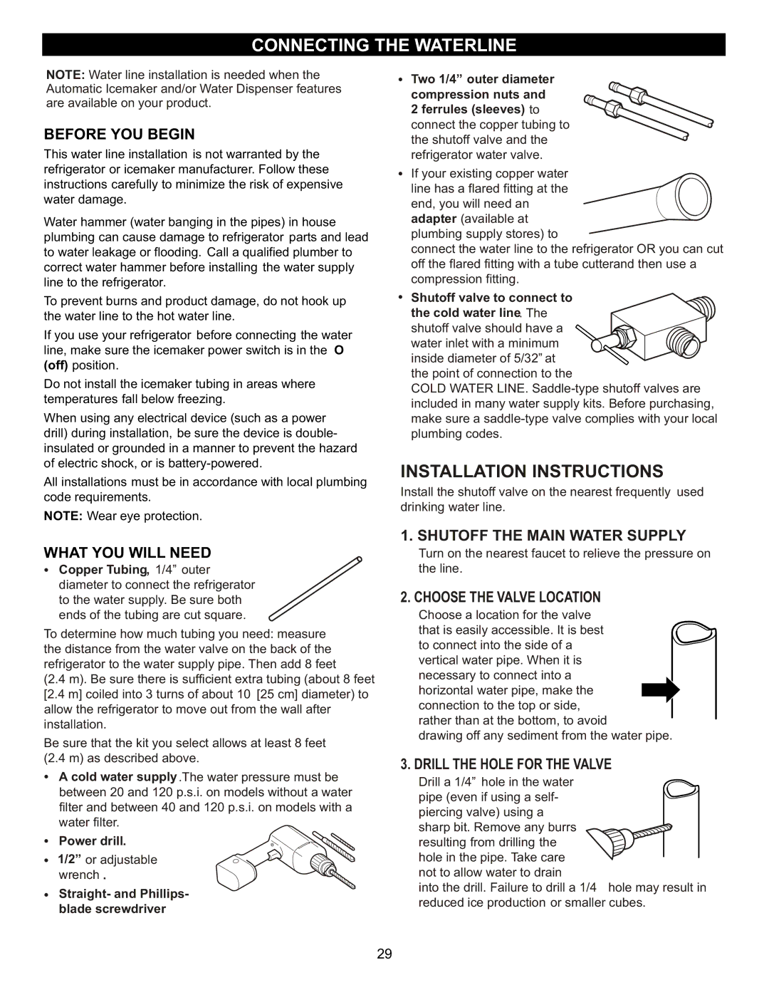 LG Electronics LFX23961SB, MFL47277003 Connecting the Waterline, Shutoff the Main Water Supply, Choose the Valve Location 