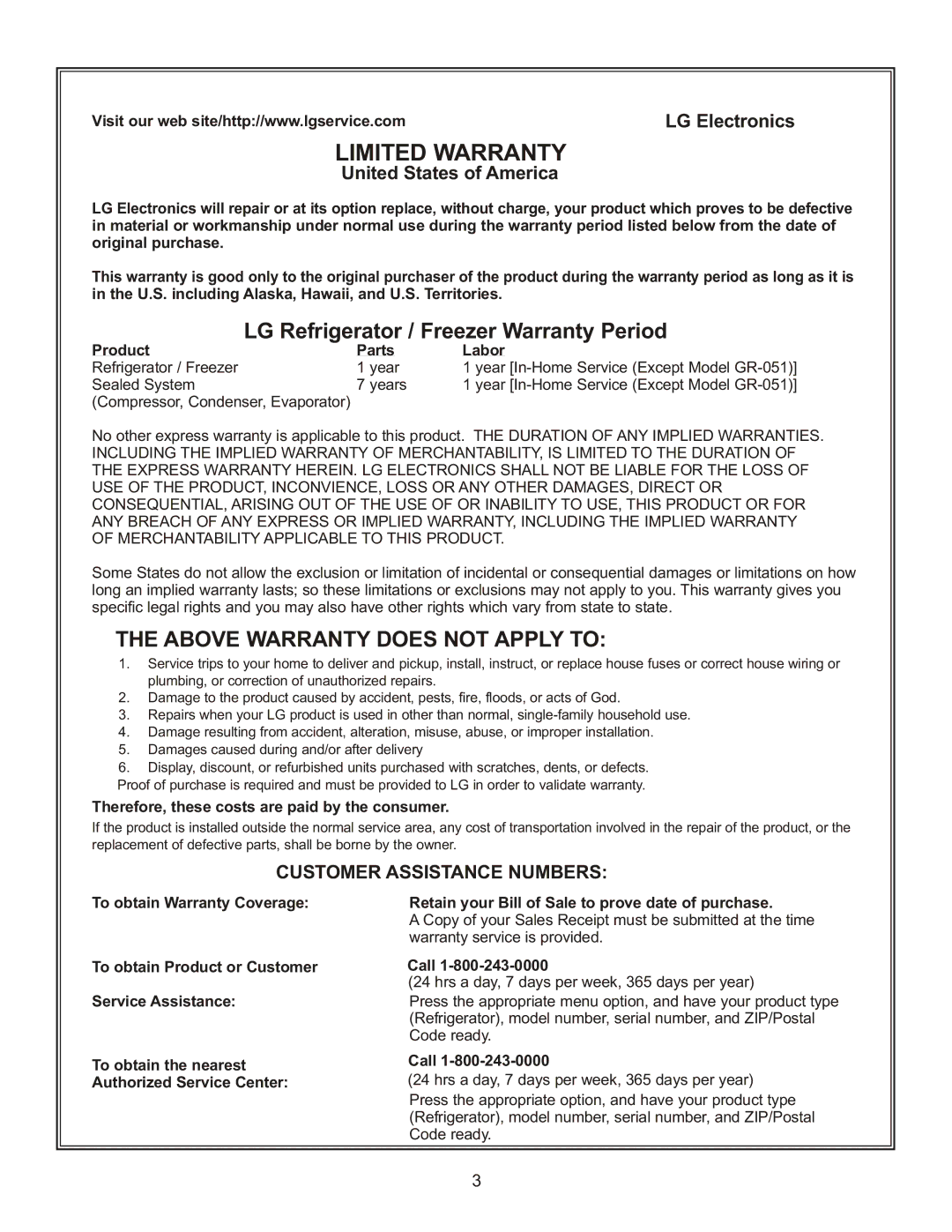 LG Electronics LFX23961SB, MFL47277003 owner manual Customer Assistance Numbers, Product Parts Labor, Call 