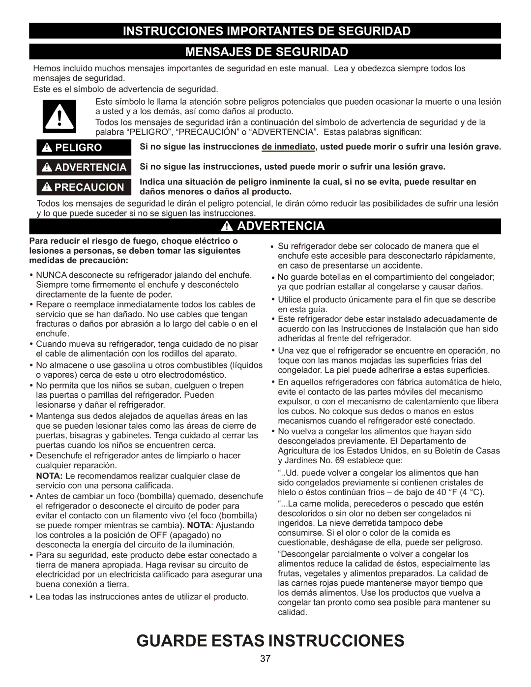 LG Electronics LFX23961SB, MFL47277003 Instrucciones Importantes DE Seguridad Mensajes DE Seguridad, Advertencia 