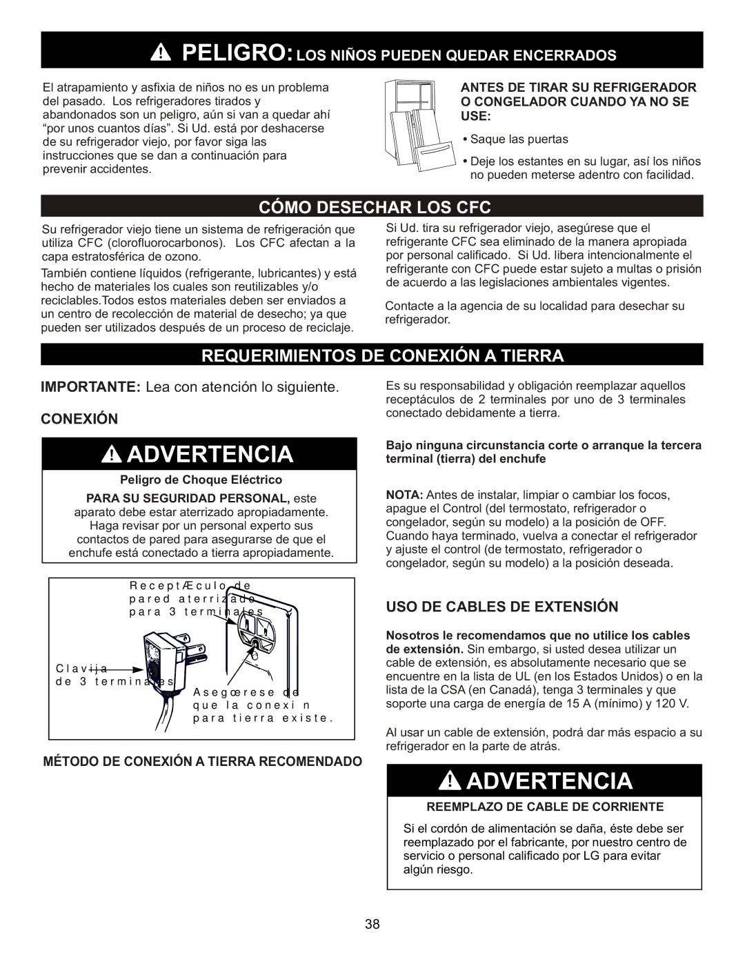 LG Electronics MFL47277003 Cómo Desechar LOS CFC, Requerimientos DE Conexión a Tierra, USO DE Cables DE Extensión 