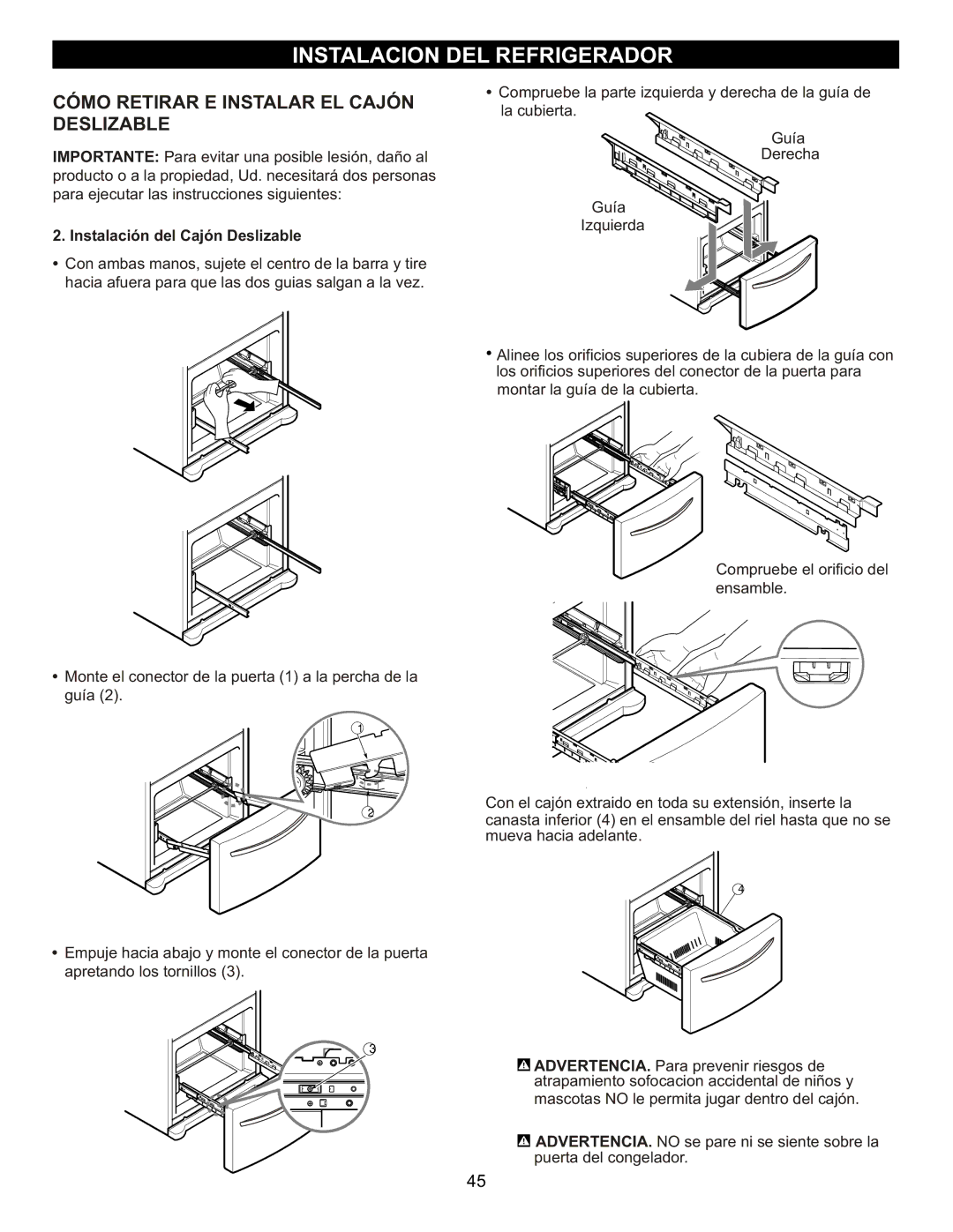 LG Electronics LFX23961SB, MFL47277003 owner manual Instalación del Cajón Deslizable 