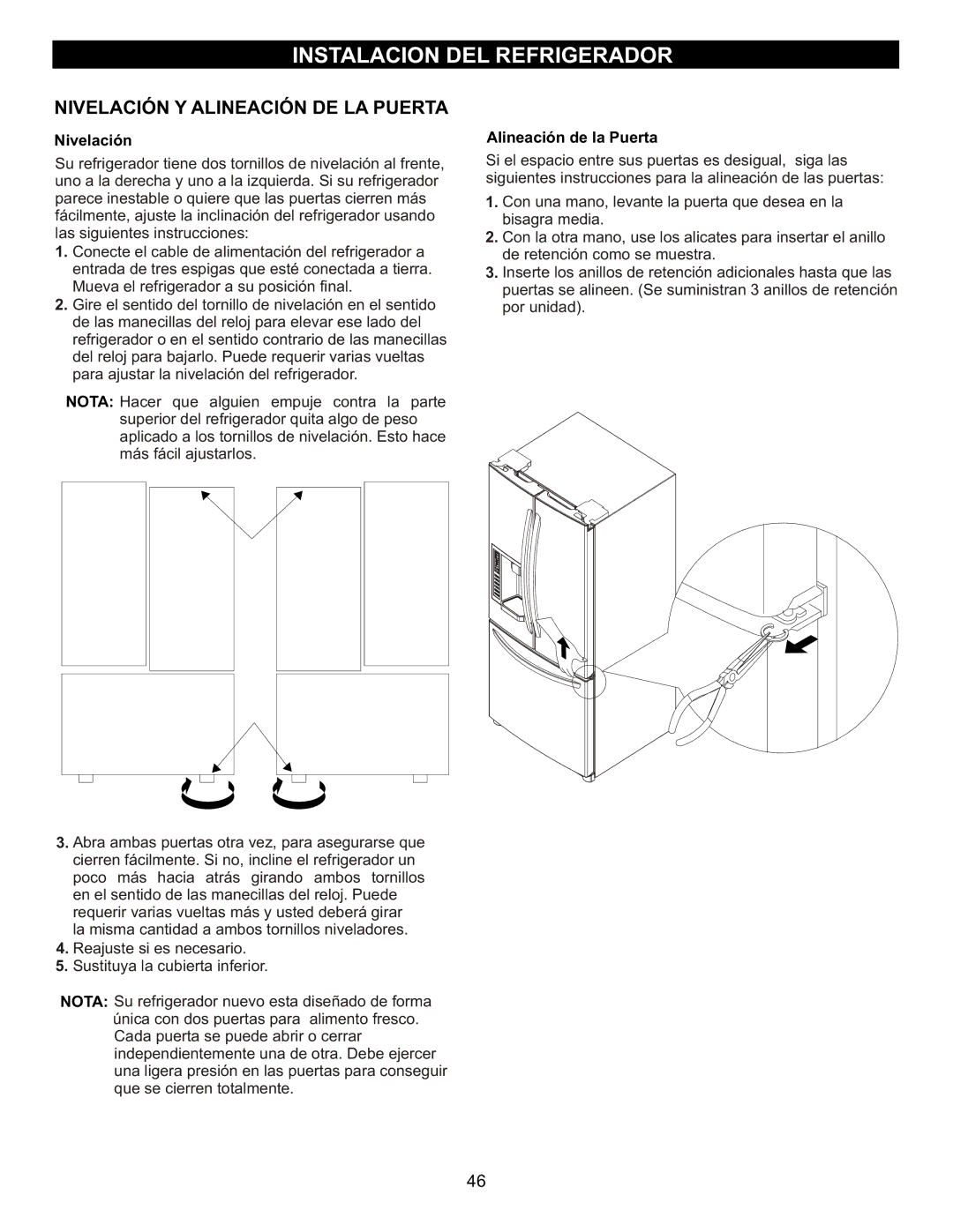 LG Electronics MFL47277003, LFX23961SB owner manual Nivelación Y Alineación DE LA Puerta, Alineación de la Puerta 