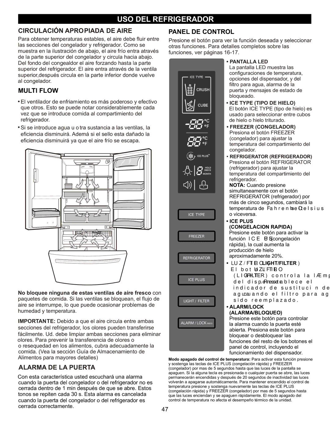 LG Electronics LFX23961SB owner manual USO DEL Refrigerador, Circulación Apropiada DE Aire, Multi Flow, Alarma DE LA Puerta 