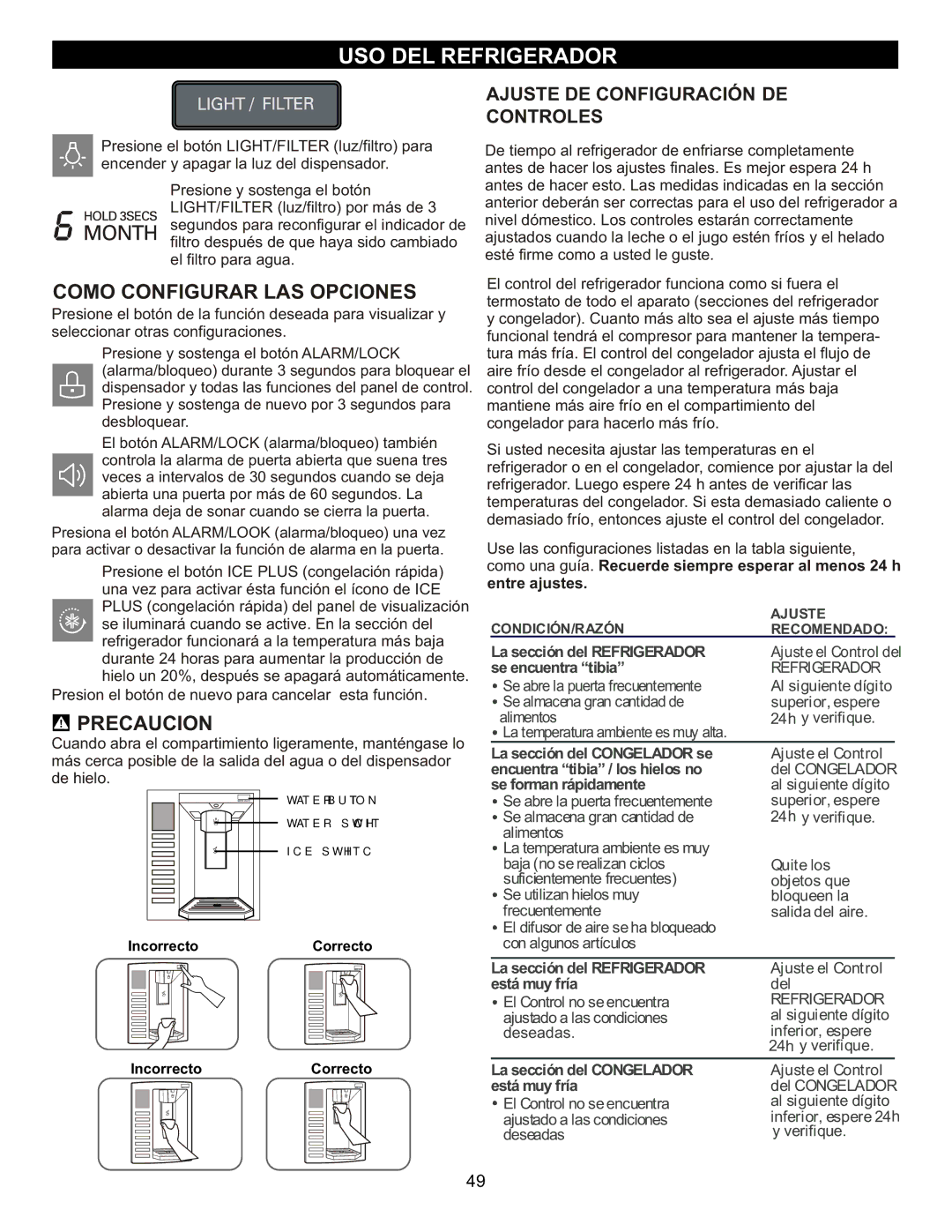 LG Electronics LFX23961SB, MFL47277003 owner manual Ajuste DE Configuración DE Controles, Incorrecto Correcto 