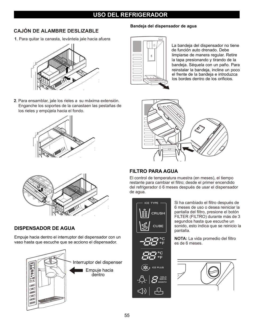 LG Electronics LFX23961SB, MFL47277003 owner manual Cajón DE Alambre Deslizable, Dispensador DE Agua, Filtro Para Agua 