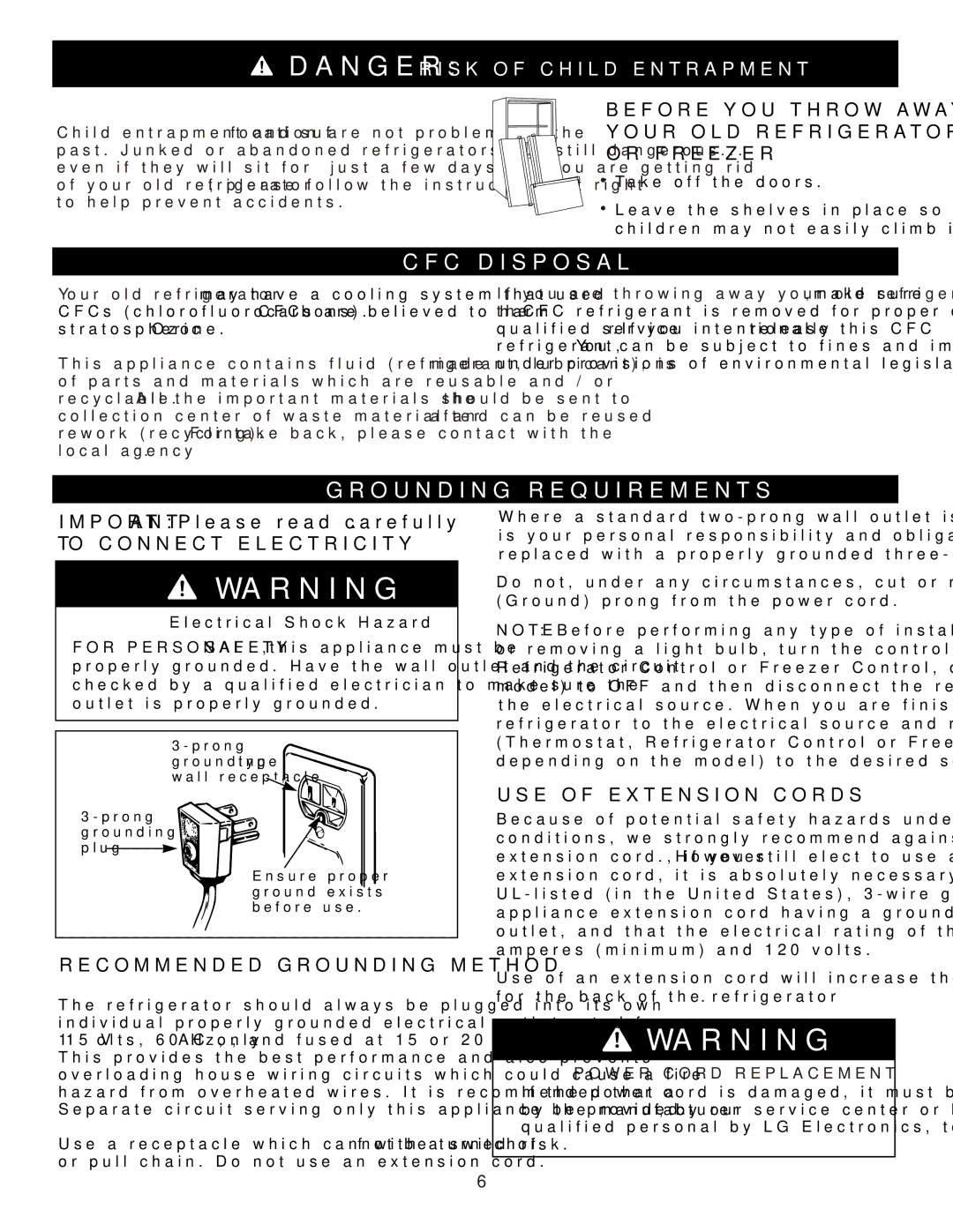 LG Electronics MFL47277003, LFX23961SB owner manual CFC Disposal, Grounding Requirements 