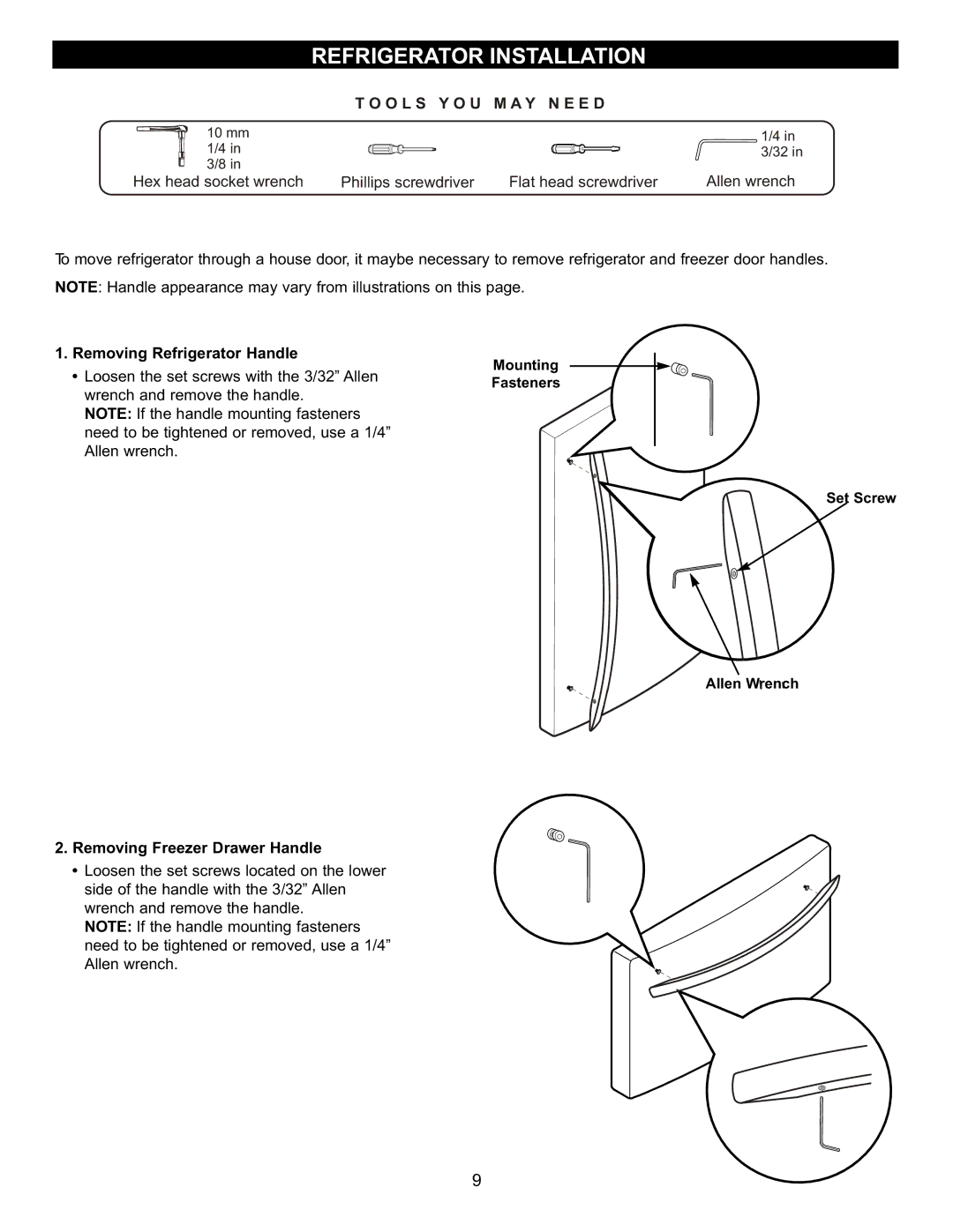 LG Electronics LFX23961SB, MFL47277003 owner manual Removing Refrigerator Handle, Removing Freezer Drawer Handle 