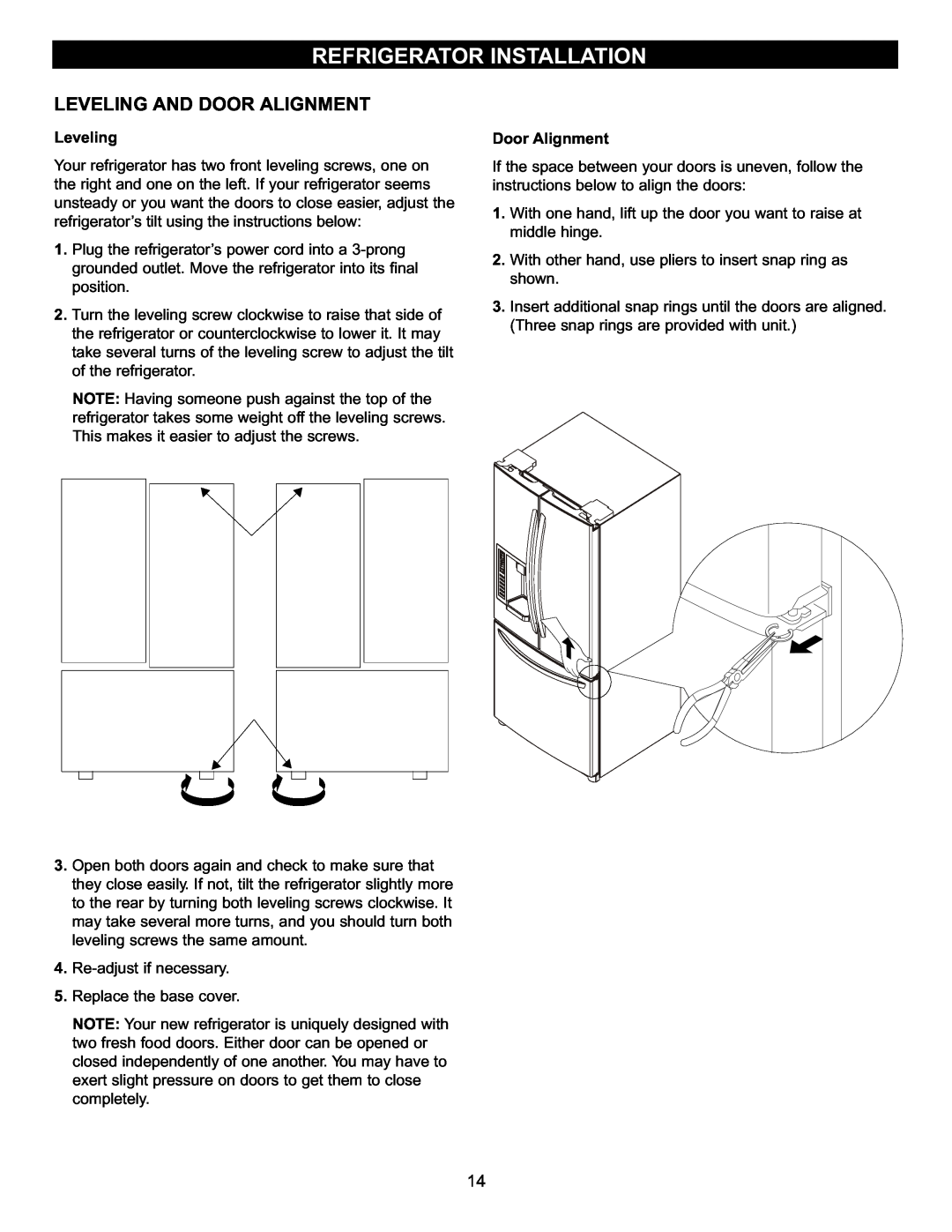 LG Electronics MFL47277003, LFX23961SB owner manual Leveling And Door Alignment, Refrigerator Installation 