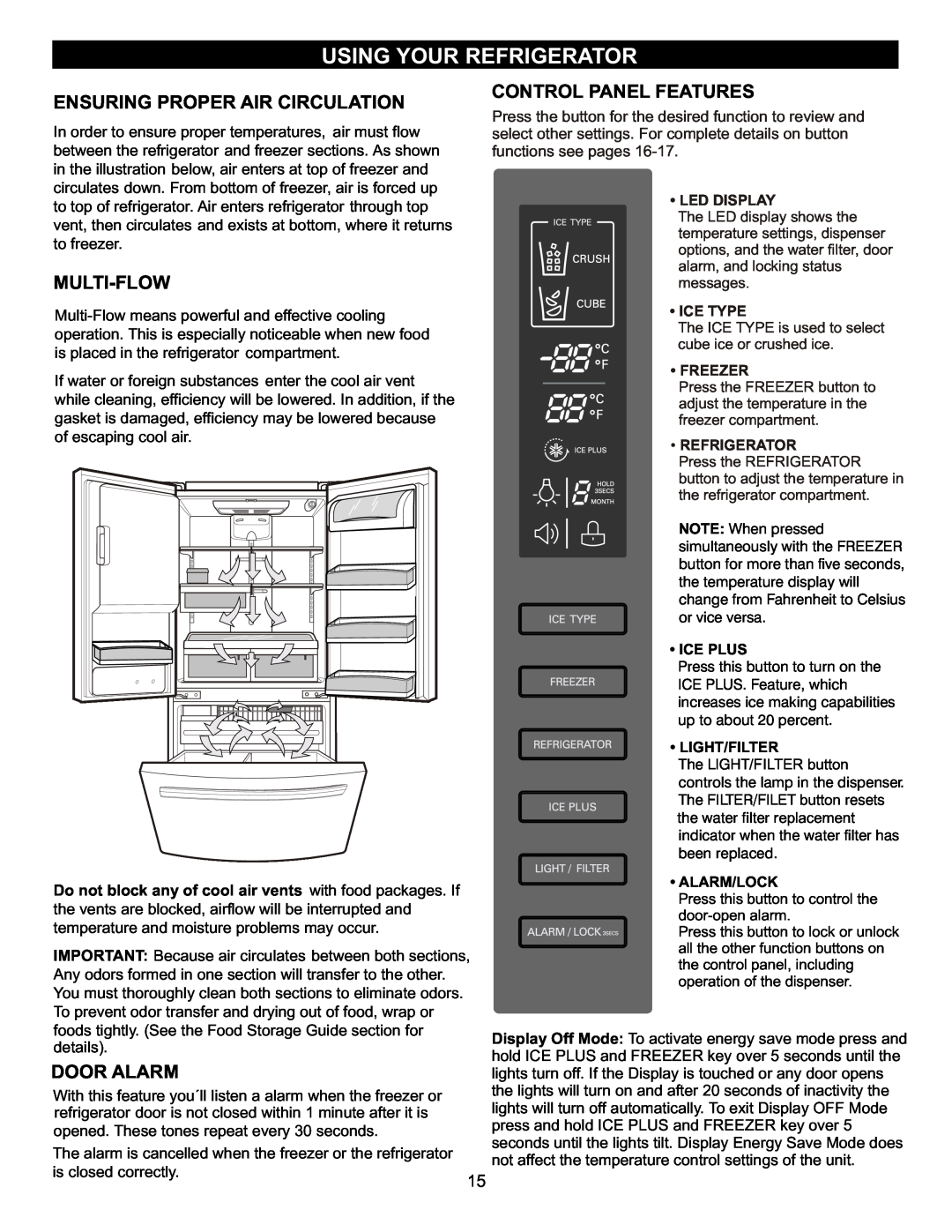 LG Electronics LFX23961SB, MFL47277003 Using Your Refrigerator, Ensuring Proper Air Circulation, Multi-Flow, Door Alarm 