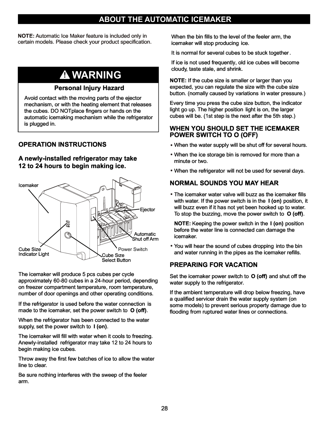 LG Electronics MFL47277003, LFX23961SB About The Automatic Icemaker, Personal Injury Hazard, Operation Instructions 