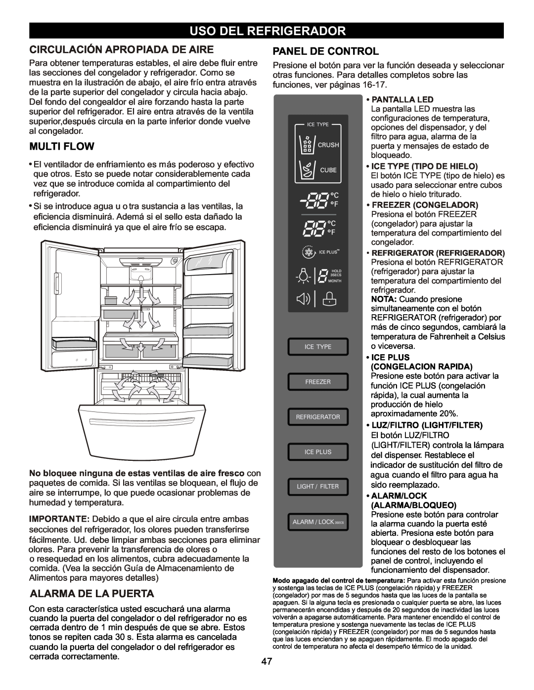 LG Electronics LFX23961SB owner manual Uso Del Refrigerador, Circulación Apropiada De Aire, Multi Flow, Alarma De La Puerta 
