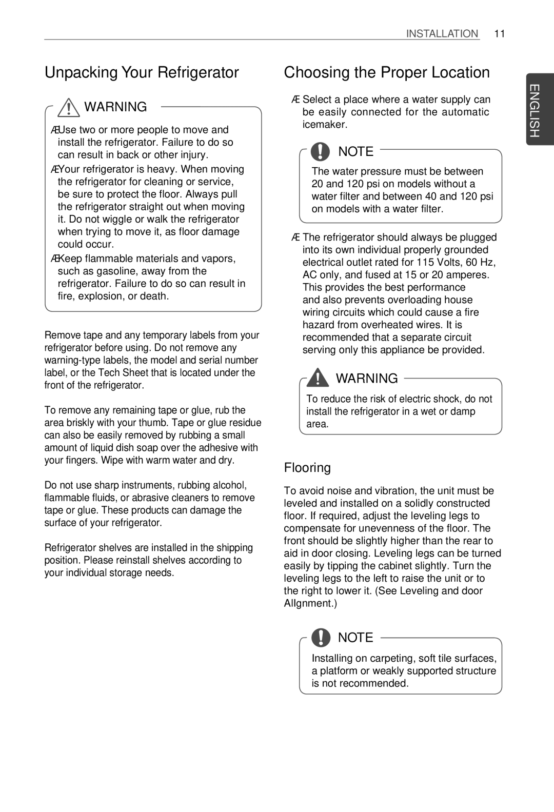 LG Electronics MFL62184416 owner manual Unpacking Your Refrigerator, Choosing the Proper Location, Flooring 