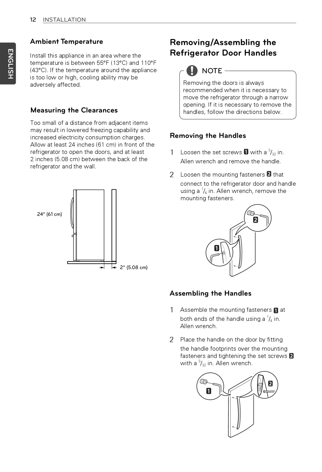 LG Electronics MFL62184416 Ambient Temperature, Measuring the Clearances, Removing the Handles, Assembling the Handles 