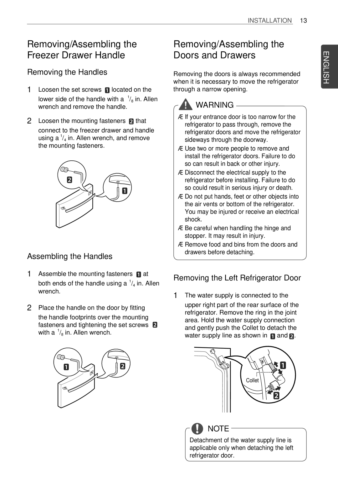 LG Electronics MFL62184416 owner manual Removing/Assembling the Doors and Drawers, Removing the Left Refrigerator Door 