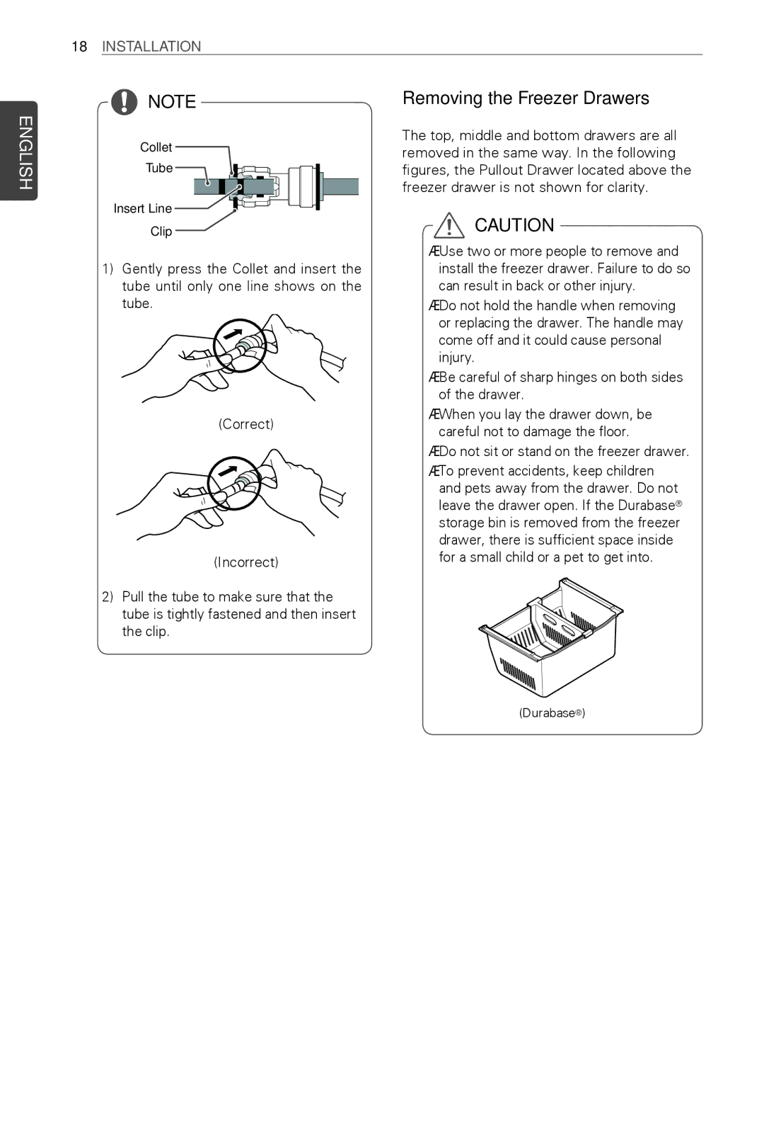 LG Electronics MFL62184416 owner manual Removing the Freezer Drawers, YyDo not sit or stand on the freezer drawer 