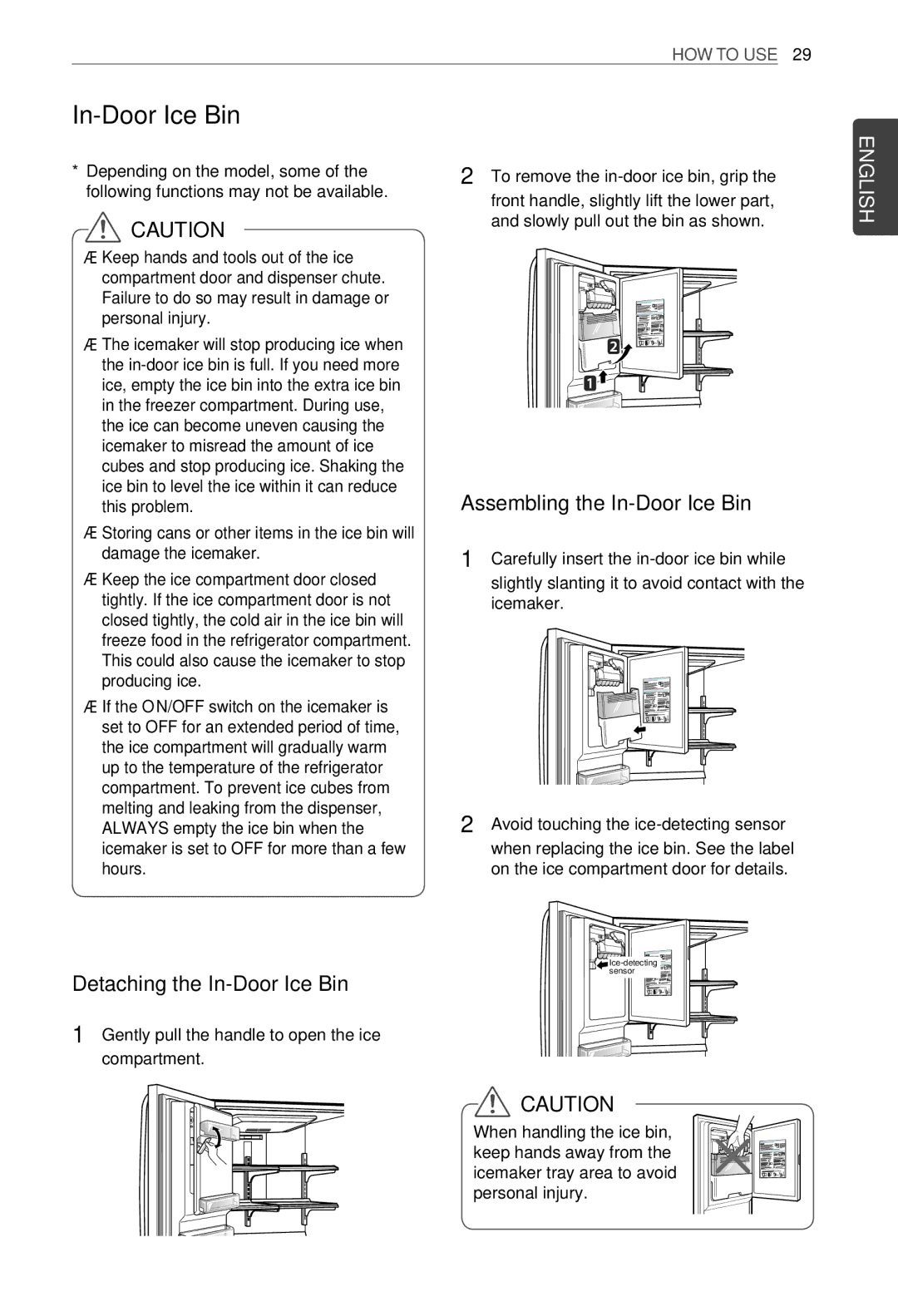 LG Electronics MFL62184416 owner manual Assembling the In-Door Ice Bin, Detaching the In-Door Ice Bin 