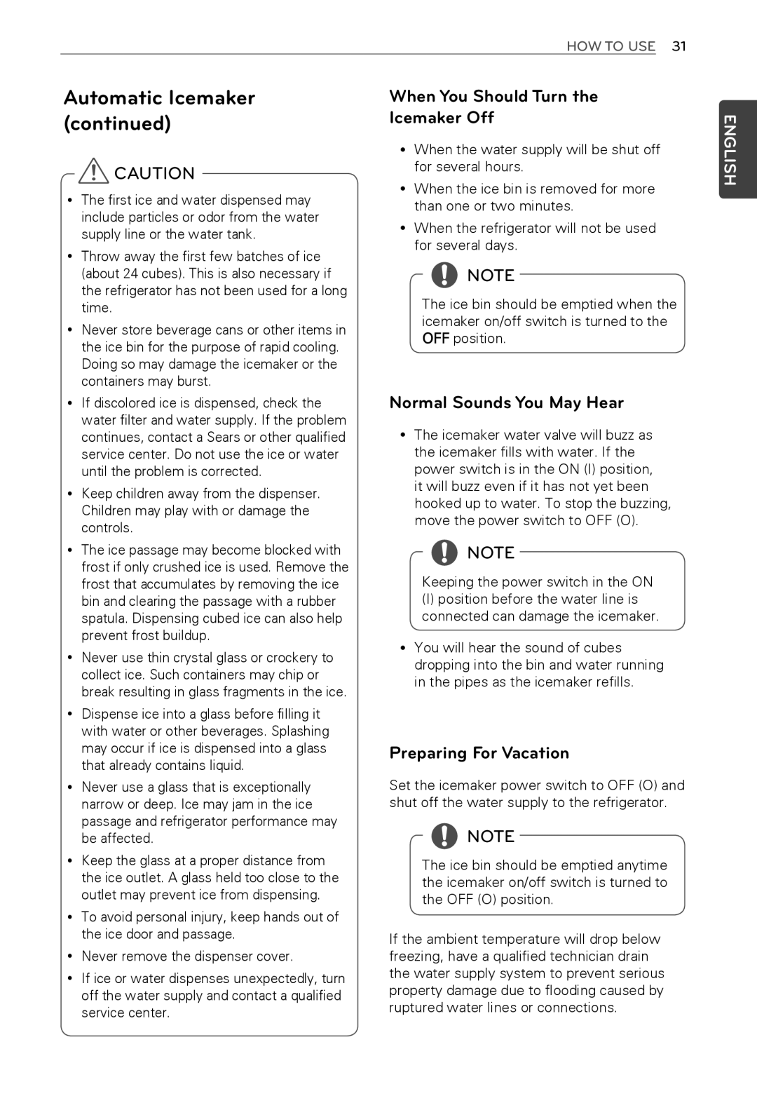 LG Electronics MFL62184416 When You Should Turn Icemaker Off, Normal Sounds You May Hear, Preparing For Vacation 