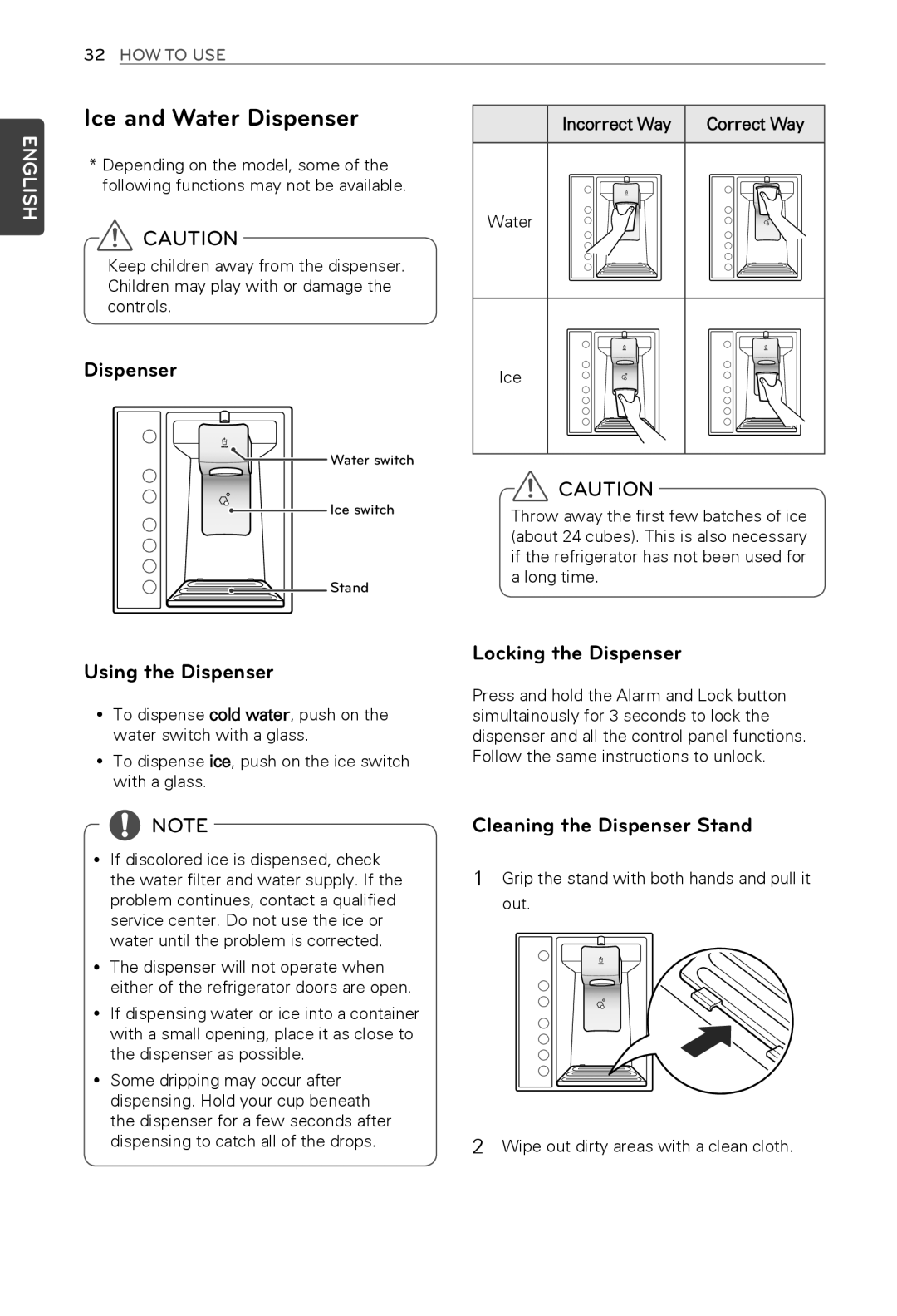 LG Electronics MFL62184416 owner manual Ice and Water Dispenser, Using the Dispenser, Locking the Dispenser 