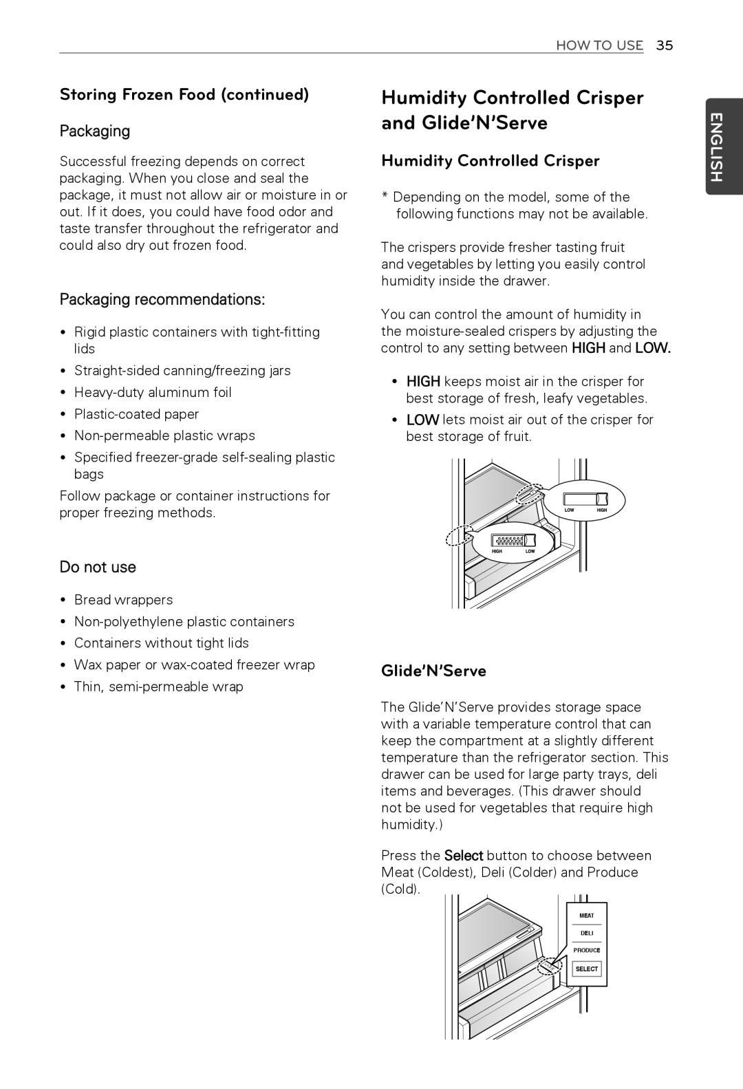 LG Electronics MFL62184416 owner manual Humidity Controlled Crisper and Glide’N’Serve, Yy Bread wrappers 